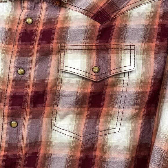 Wrangler Retro Premium Western Pearl Snap Shirt Mens XL Maroon Plaid Rustic Gorp - Picture 4 of 11
